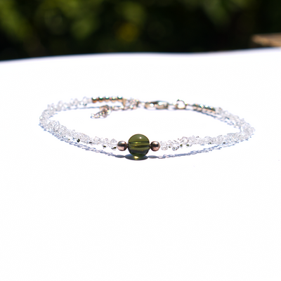 Moldavite + Herkimer Diamond Silver Bracelet