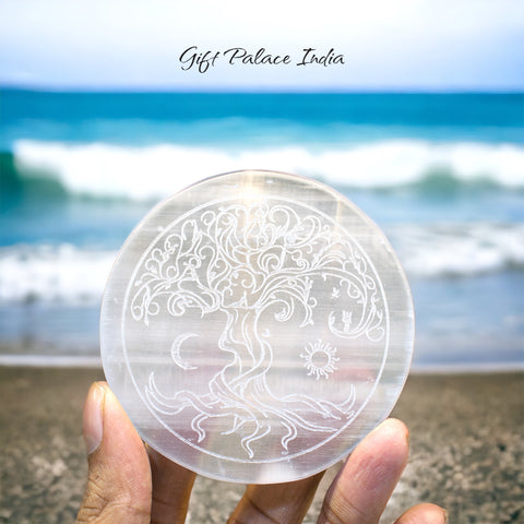 Selenite Cleansing plate Sun & Moon Engraved Selenite Cleansing plate Sun & Moon Engraved