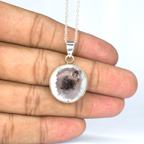 Merlinite dendritic opal pure Silver necklace