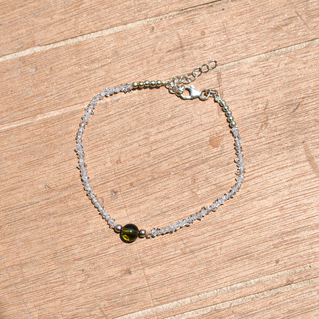 Moldavite + Herkimer Diamond  Silver Bracelet