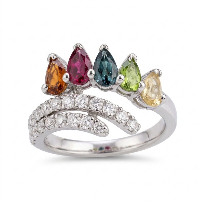 Natural multi-colour tourmaline ring with five pear-cut gemstones and cubic zirconia pave band in 925 sterling silver, studio view