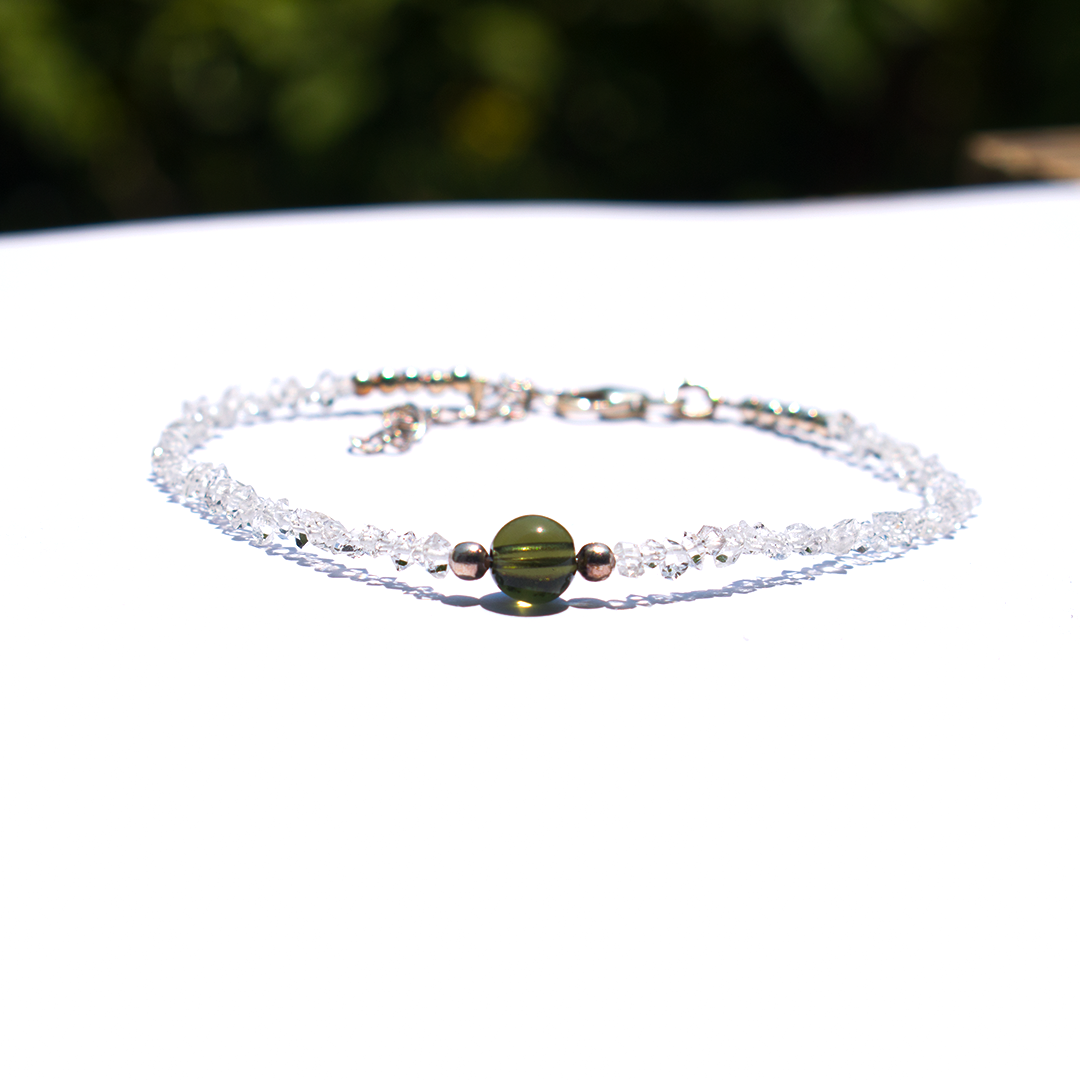 Moldavite + Herkimer Diamond  Silver Bracelet