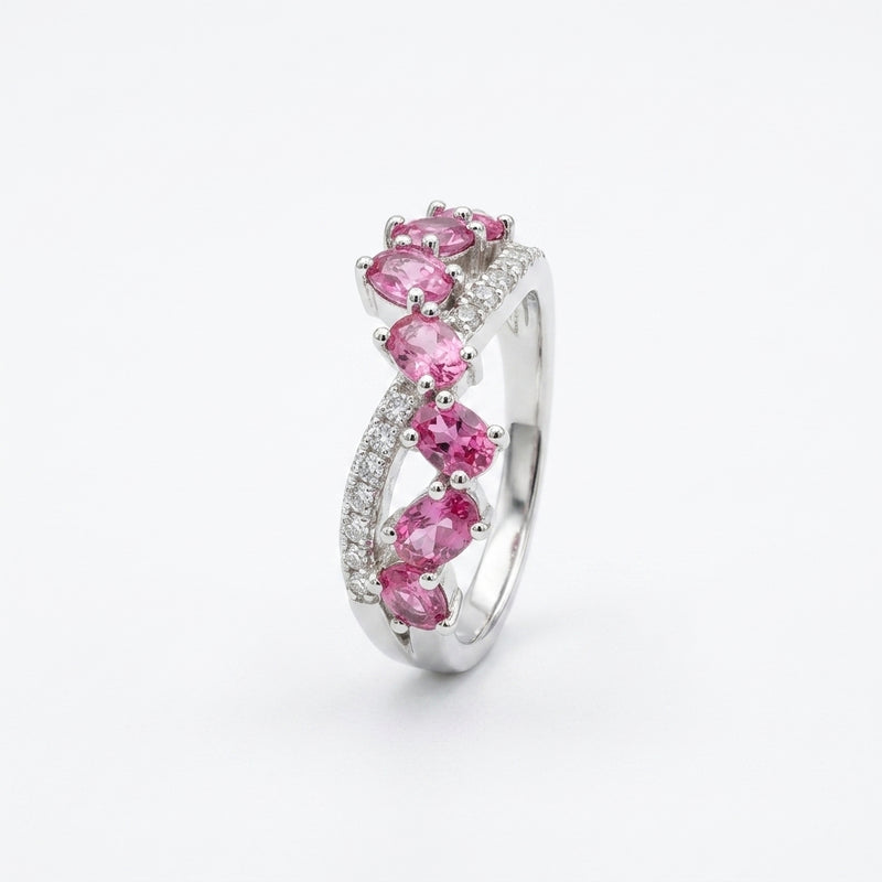 Natural pink tourmaline ring with american diamond crossover band