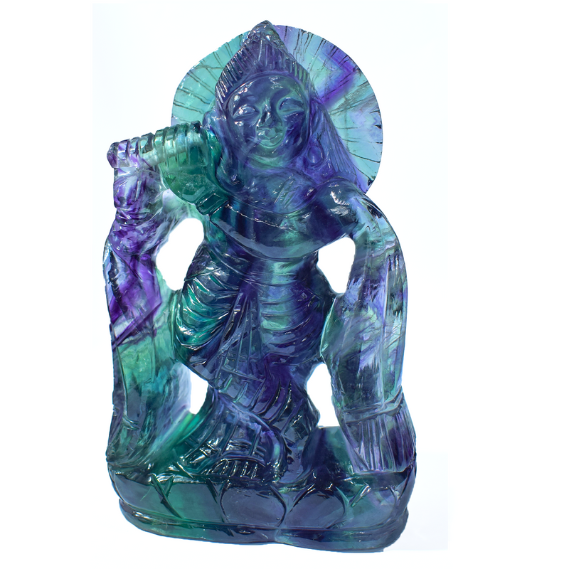Krishna Ji in Rainbow Fluorite — Hand-Carved Crystal Idol