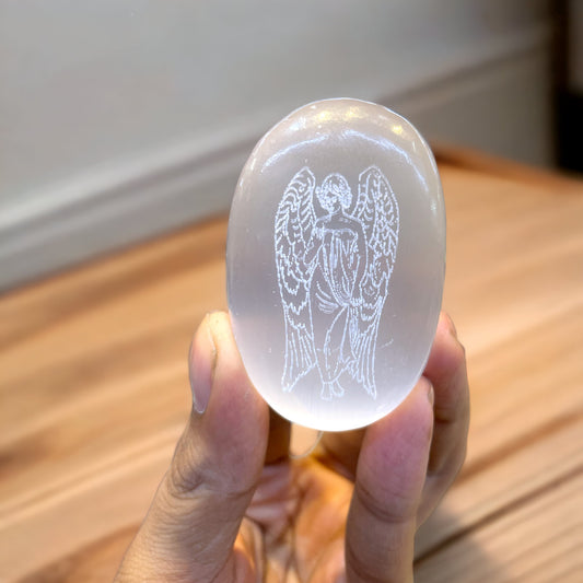 Angel Engraved Selenite Palm stone 2048