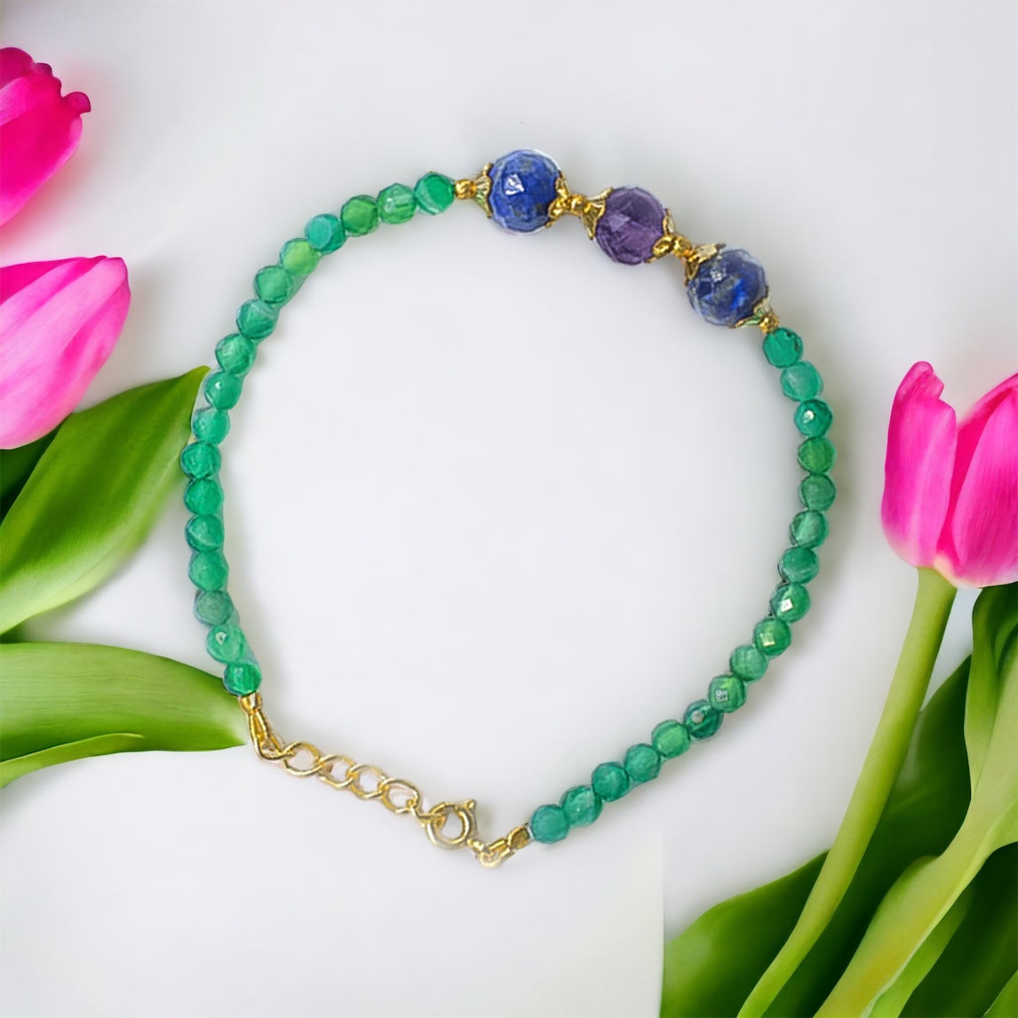 Good Fortune Green onyx , Lapis Lazuli & Amethyst Bracelet
