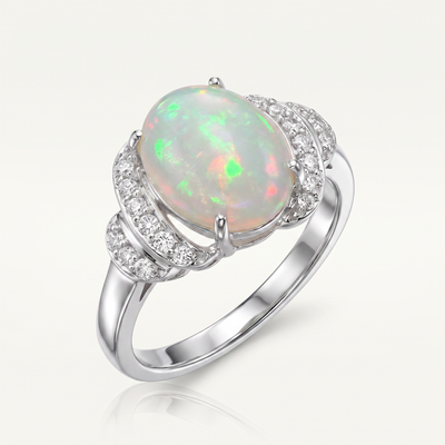 Natural Opal Ring - Arcana Aurora - oval opal cabochon with CZ pave crescents in 925 sterling silver, front view