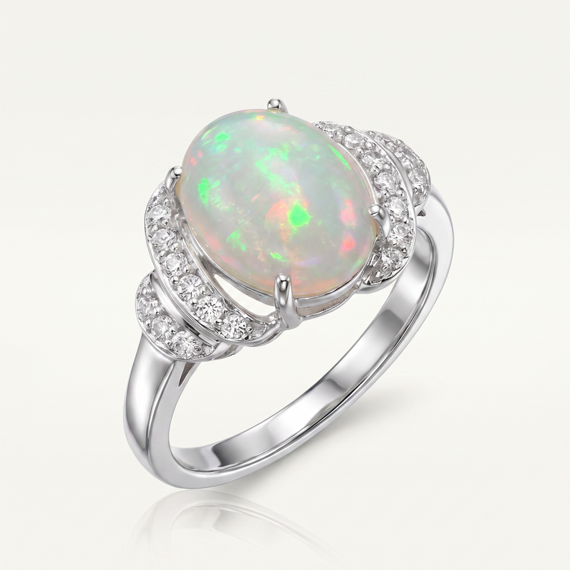 Natural Opal Ring - Arcana Aurora - oval opal cabochon with CZ pave crescents in 925 sterling silver, front view