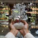 Clear quartz crystal tree held in cupped hands showing its size