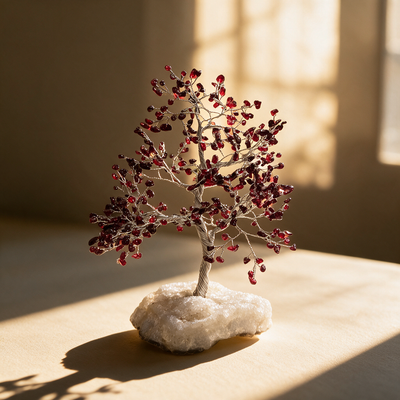 Garnet crystal tree in warm sunlight, deep red stone chips on a natural clear quartz cluster base