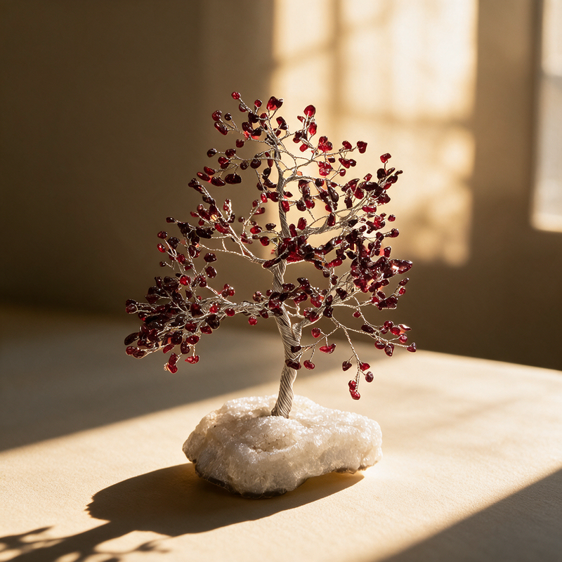 Garnet crystal tree in warm sunlight, deep red stone chips on a natural clear quartz cluster base
