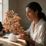 Carnelian crystal tree on a desk beside a woman working in morning light