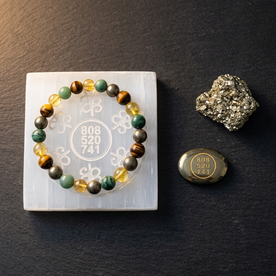 Dhan Aakarshan Wealth Kit — Money Magnet bracelet, Selenite Zibu cleansing plate, Pyrite Zibu coin and raw pyrite cluster
