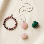 The Love Ritual — rose quartz heart pendant, rhodonite bracelet, malachite tumble and rose quartz pocket stone