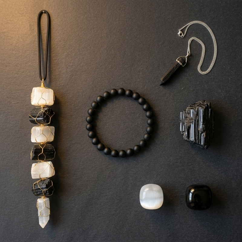 The Protection Ritual — door hanging, black tourmaline bracelet, pencil pendant, raw cluster, selenite and obsidian tumbles