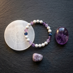 The Calm Ritual — Calm Bracelet, amethyst palm stone, selenite sun and moon plate and lepidolite tumble