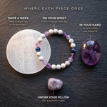 Where each piece of The Calm Ritual goes - wrist, hand, pillow and weekly cleanse