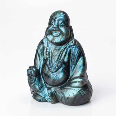 Laughing Buddha in labradorite on white background — Gift Palace India