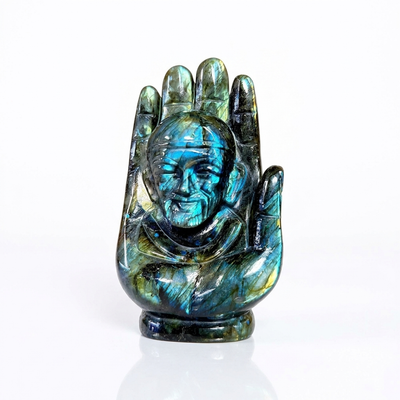 Sai Baba sculpture in labradorite on white background — Gift Palace India
