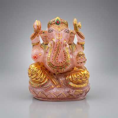 Large Rose Quartz Ganesha idol on grey background — Gift Palace India