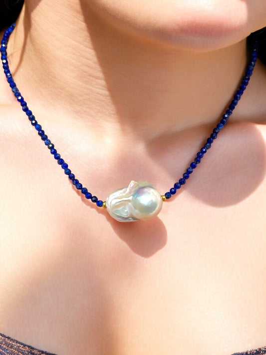 Baroque Pearl Necklace with Lapis Lazuli 1140