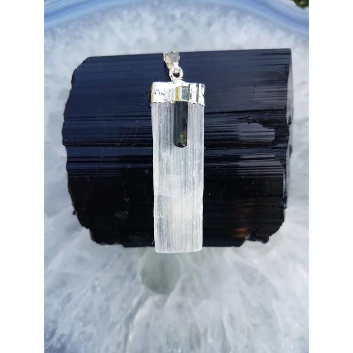 SELENITE BLACK TOURMALINE SILVER PLATED NECKLACE