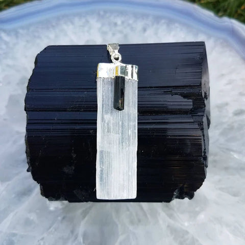 SELENITE BLACK TOURMALINE SILVER PLATED NECKLACE